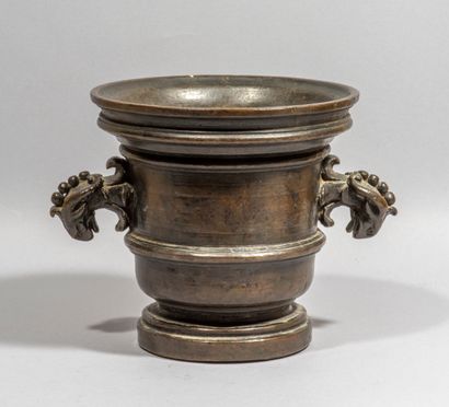 null Bronze mortar, base, body and neck

and neck, with a stylized equine head

with...