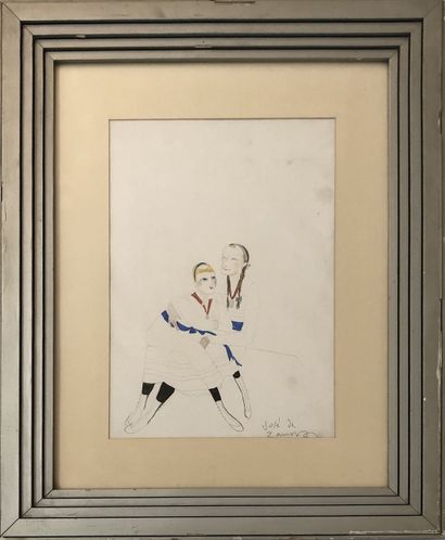 null José de ZAMORA (1889-1971). Two young women in costume, circa 1930. Drawing...