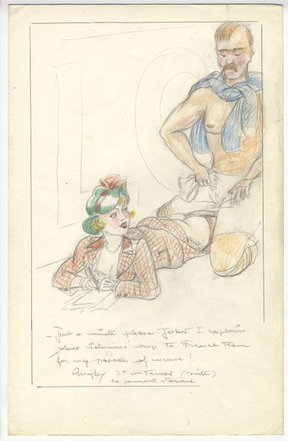null 
ANONYMOUS. Rugby, circa 1960. 10 colored pencil drawings with captions, 42...