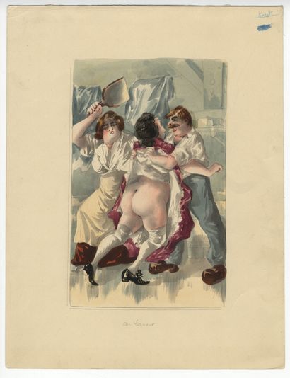 null ROBERTY. Cruautés, vers 1890. 3 dessins à l'encre et aquarelle, 21 x 15 cm.