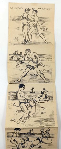 null CURIOSA. La Leçon de natation, vers 1930. Leporello pornographique constitué...