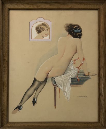 null Maurice PÉPIN (ca. 1890-1940). Nude with mirror, circa 1925. Gouache and watercolor,...