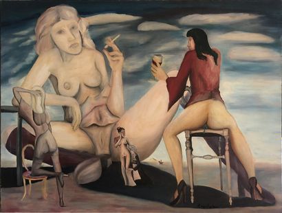 null John KAUCHER. La Géante à la cigarette, 1975. Huile sur toile, 89 x 116 cm....