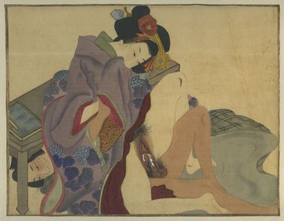 null JAPAN. Marital scene, 20th century. Watercolor drawing on fabric, 20 x 26 c...