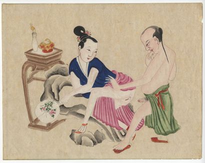 CHINA. Marital scene, 20th century. Watercolor...