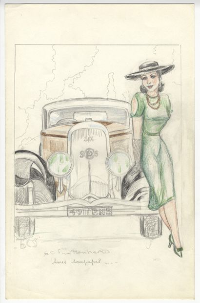 null ANONYME. Automobile, vers 1960. 13 dessins aux crayons de couleur, dont 12 de...