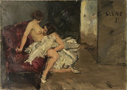 null ANONYME. Les Coulisses de l'Opéra, vers 1930. 2 huiles sur toile formant une...