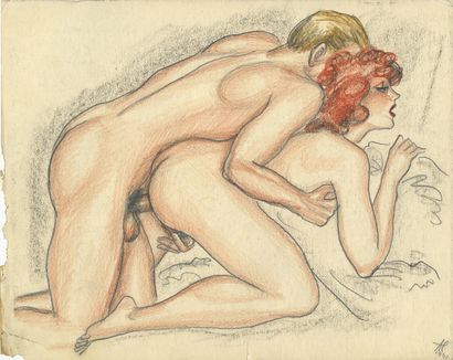 null HONGRIE. Alex SZEKELY. Scènes de lit, vers 1950. 10 dessins à l’aquarelle et...