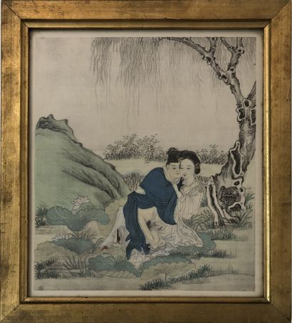 null CHINE. JAPON. Scène conjugale, xxe siècle. 3 estampes et aquarelle, formats...