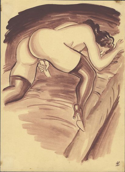null HONGRIE. Alex SZEKELY. Scènes de lit, vers 1950. 10 dessins à l’aquarelle et...