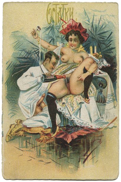 null RUSSIA. Pornographic scenes, circa 1900. 6 illustrated color postcards. 4 are...