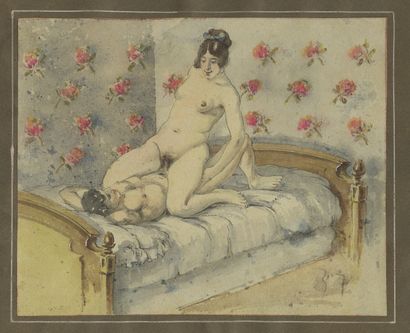 null [Artiste non identifié] Chambre à coucher, vers 1890. Dessin à l'aquarelle et...