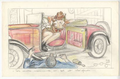 null ANONYME. Automobile, vers 1960. 13 dessins aux crayons de couleur, dont 12 de...