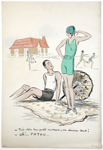 null According to SEM. Jean PATOU, his bathing suits and beach, in Deauville. Lithograph...
