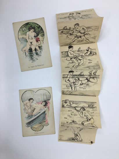 null CURIOSA. La Leçon de natation, vers 1930. Leporello pornographique constitué...