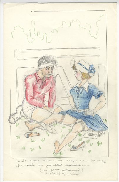 null 
ANONYME. Rugby, vers 1960. 10 dessins aux crayons de couleur légendés, 42 x...