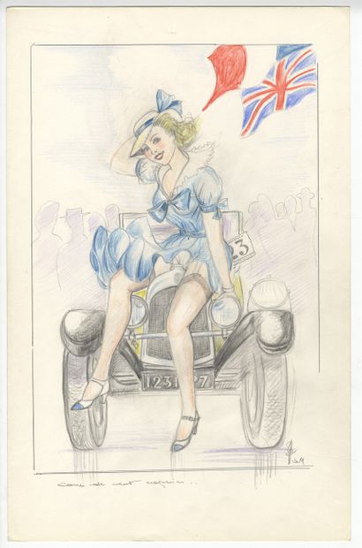 null ANONYMOUS. Automobile, circa 1960. 13 drawings in colored pencils, 12 of which...