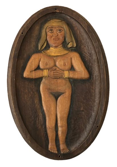 null ART BRUT. The Egyptian woman, 20th century. Sculpture on polychrome wood, 86...