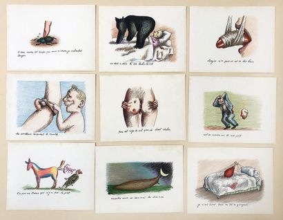 null Roland TOPOR. Proverbs, around 1960. 32 color prints on cartoline, 13 x 17 cm....