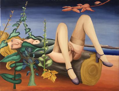 null John KAUCHER. Woman Masturbating on a Cut Tree Trunk, 1975. Oil on canvas, 90...
