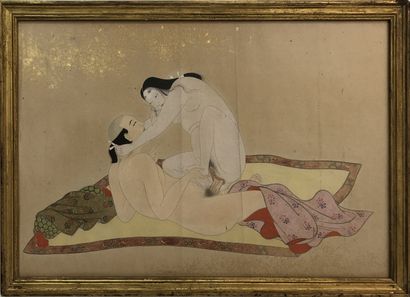 null CHINE. JAPON. Scène conjugale, xxe siècle. 3 estampes et aquarelle, formats...