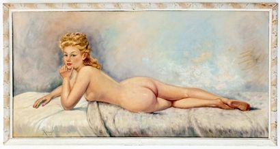 null ROUGET. Study of a reclining nude, circa 1940. Oil on panel, 50 x 100 cm.