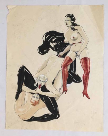 null [Unidentified artist]. Scenes of domination, circa 1950. 9 original watercolors...