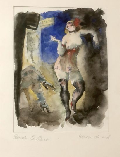 null PROSTITUTION. Charles PICART LE DOUX. Flowers of Evil, ca. 1945. Original watercolor...