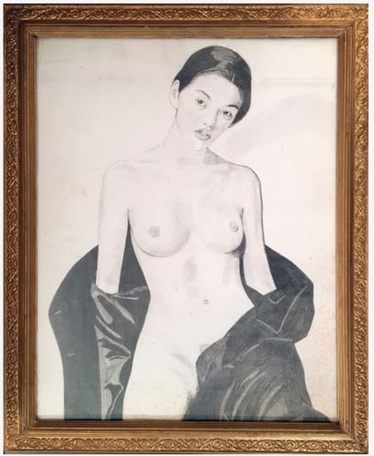 null [Unidentified artist]. Asian Nude, circa 1970. Black stone drawing, 58 x 45...