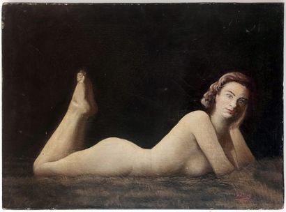 null PROUS. Nude female languishing, 1945. Oil on canvas, 33,5 x 45,5 cm. Signed...