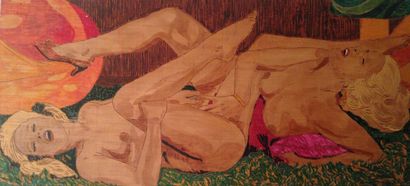 null R. BELLOT. Female pleasure, around 1970. Carved wood panel enhanced with ink,...