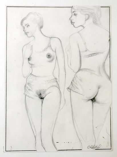 null C. ROBILLARD. Two Young Girls, ca. 1970. Pencil drawing, 20 x 14,5 cm. Joint:...