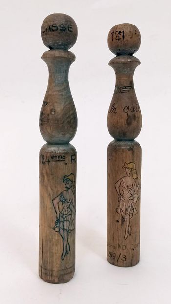 null Vive la quille, two wooden skittles decorated with pin-up pyrographed "class...