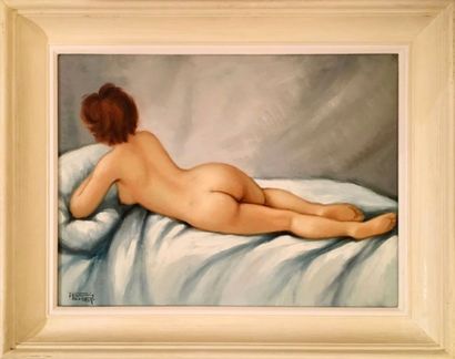 null F. PIRAZZINI. Reclining Nude, circa 1950. Oil on canvas. 45 x 62 cm.
