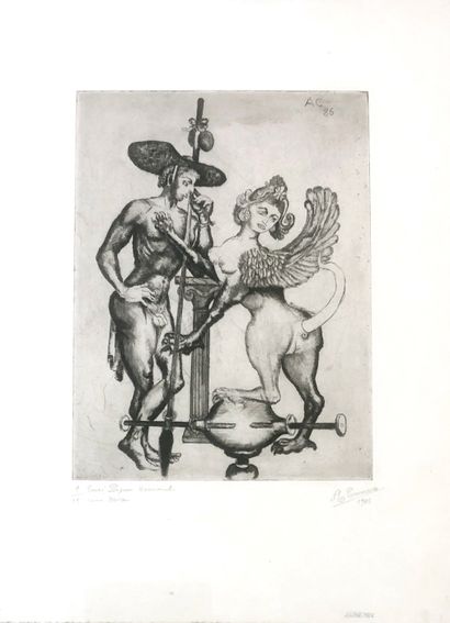null Alfred COURMES (1898-1993). Oedipus and the sphinx, 1986. Etching on paper,...
