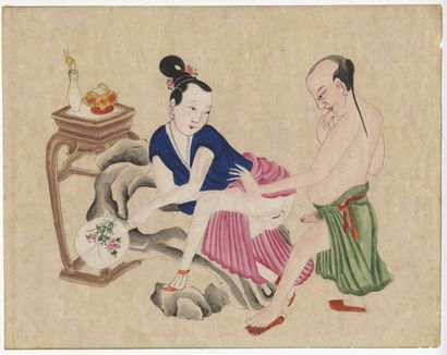 null CHINA. Marital scene, 20th century. Watercolor drawing, 28 x 36 cm.