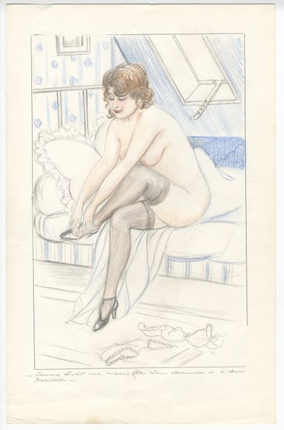 null ANONYMOUS. Nude studies, circa 1960. 13 colored pencil drawings, 42 x 27 cm....
