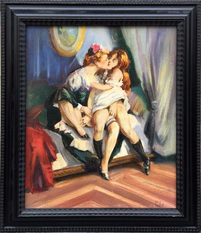 null 
CURIOSA. Monogrammed C. L. Alcove scene, two girls, 20th century. Oil on isorel,...