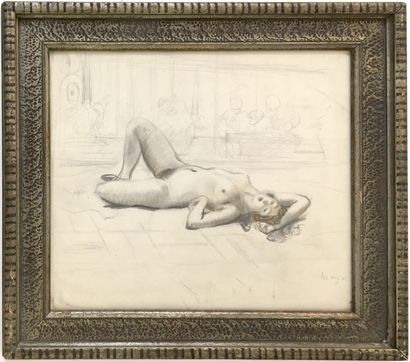 null MARYZE. Reclining Nude. Pencil, charcoal and brown wash, 28 x 31 cm. Signed...