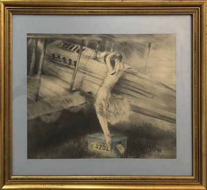 null Louis ICART (1888-1950). The Kiss to the Aviator, ca. 1925. Lithograph heightened...
