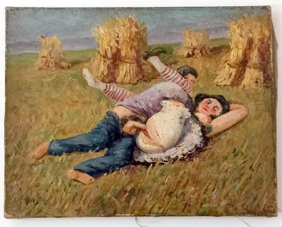 null ANONYMOUS. Couple copulating in the corn, circa 1950. Oil on canvas, 22 x 27...