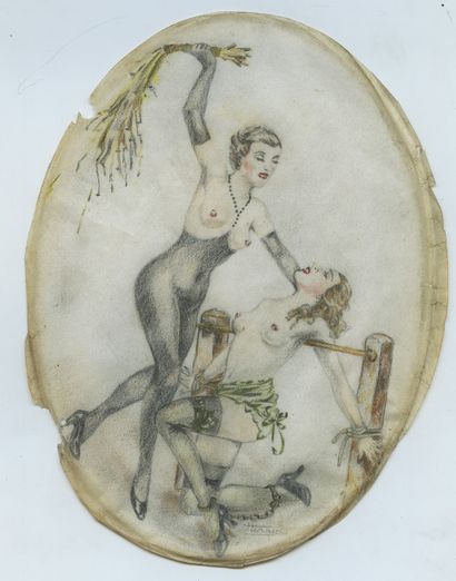 null HERRIC [Chéri HÉROUARD], in the spirit of. Scene of Flogging, ca. 1930. Colored...