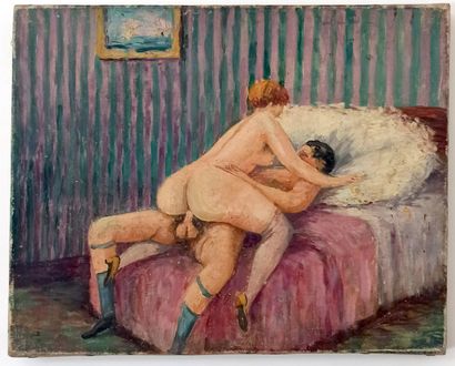 null [Unidentified artist]. Marital Intimacy, ca. 1950. Oil on canvas, 22 x 27 c...