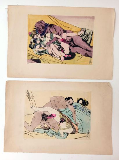 null JAPAN. Ithyphallic scenes. 2 engravings heightened with watercolor on paper,...