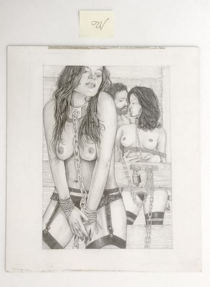 null [MISCELLANEOUS] Scene of domination, circa 1975. Pencil drawing on cardboard,...