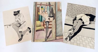 null 
CURIOSA.Flagellation, circa 1940-1950. 3 ink and watercolor drawings, monogrammed....