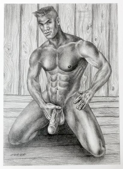 null MALE. MAX. Male Nude Kneeling, ca. 1970. Pencil drawing, 30 x 21 cm. Signed...
