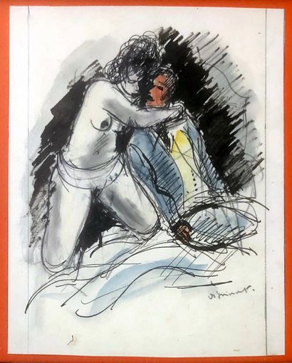 null André DIGNIMONT (1891-1965). The Proposal, circa 1950. Drawing in ink and watercolor,...