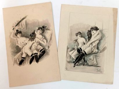 null ROBERTY - FAHL. Boudoir Scenes, circa 1890. 2 drawings in ink, pencil and watercolor,...