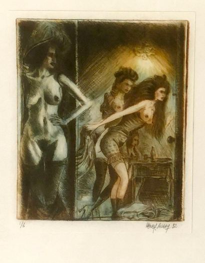 null Henry AUBRY. Indiscretion, 1992. Engraving heightened in color, 17,5 x 15 cm....